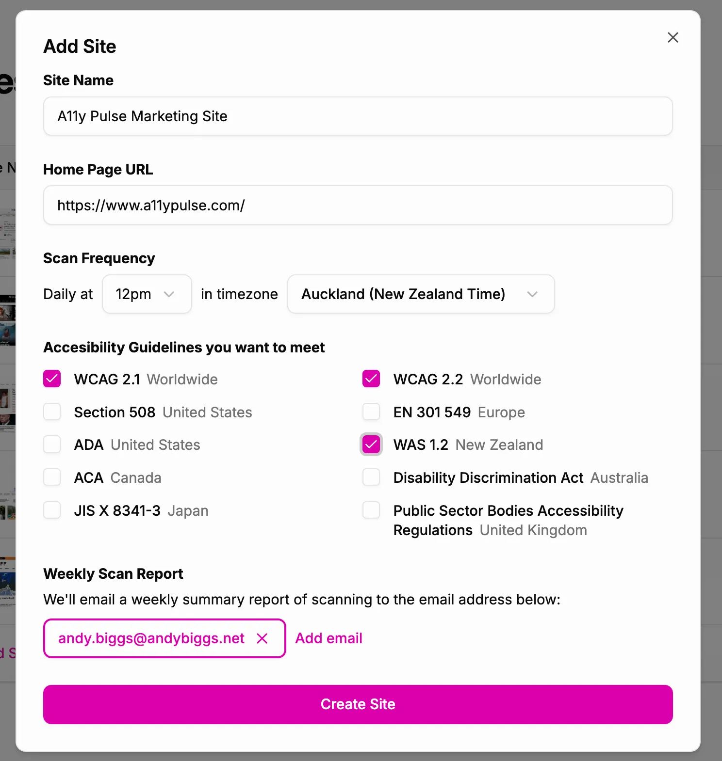 Adding a site in A11y Pulse