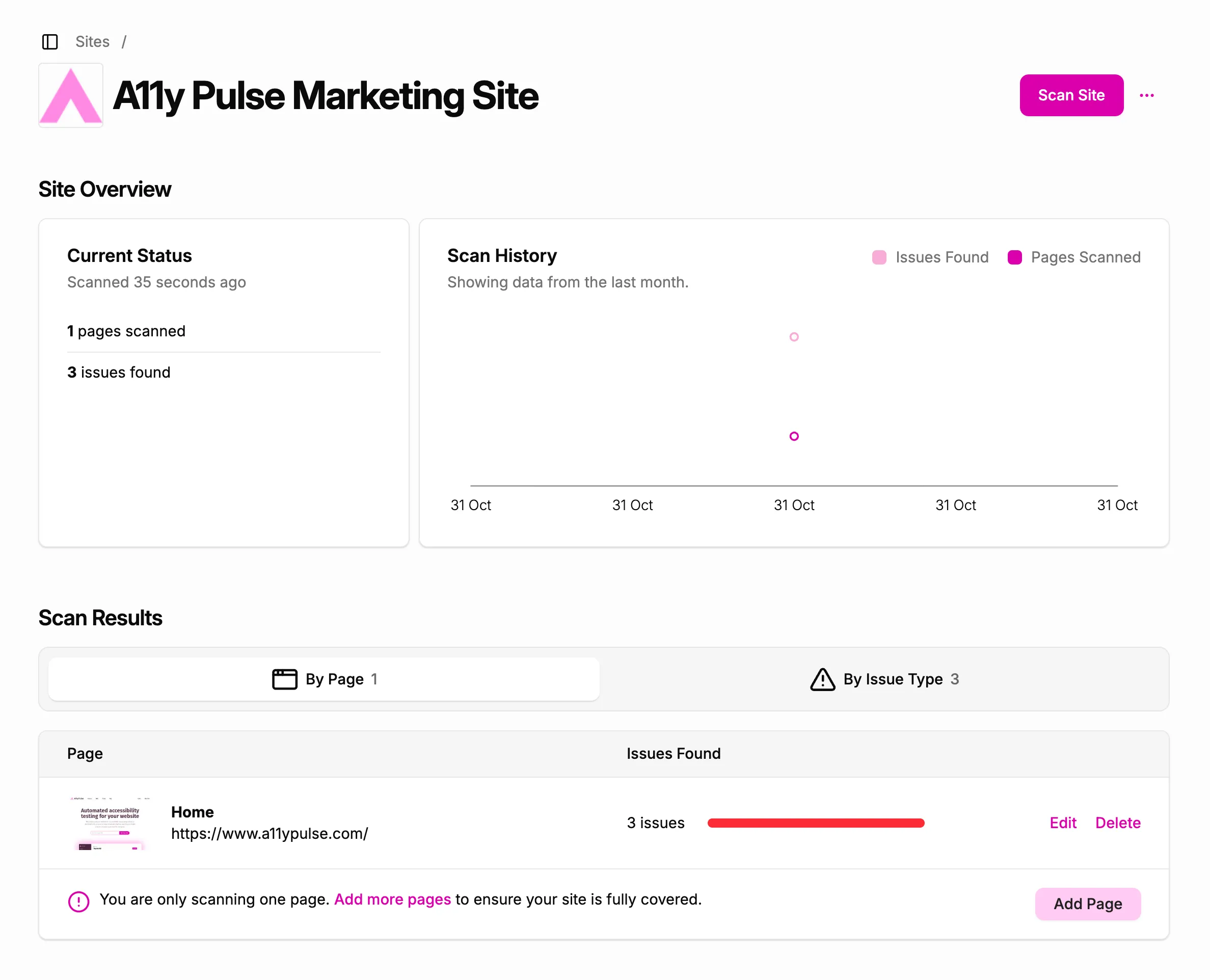 Results in A11y Pulse from the first scan of Ally Pulse Marketing site