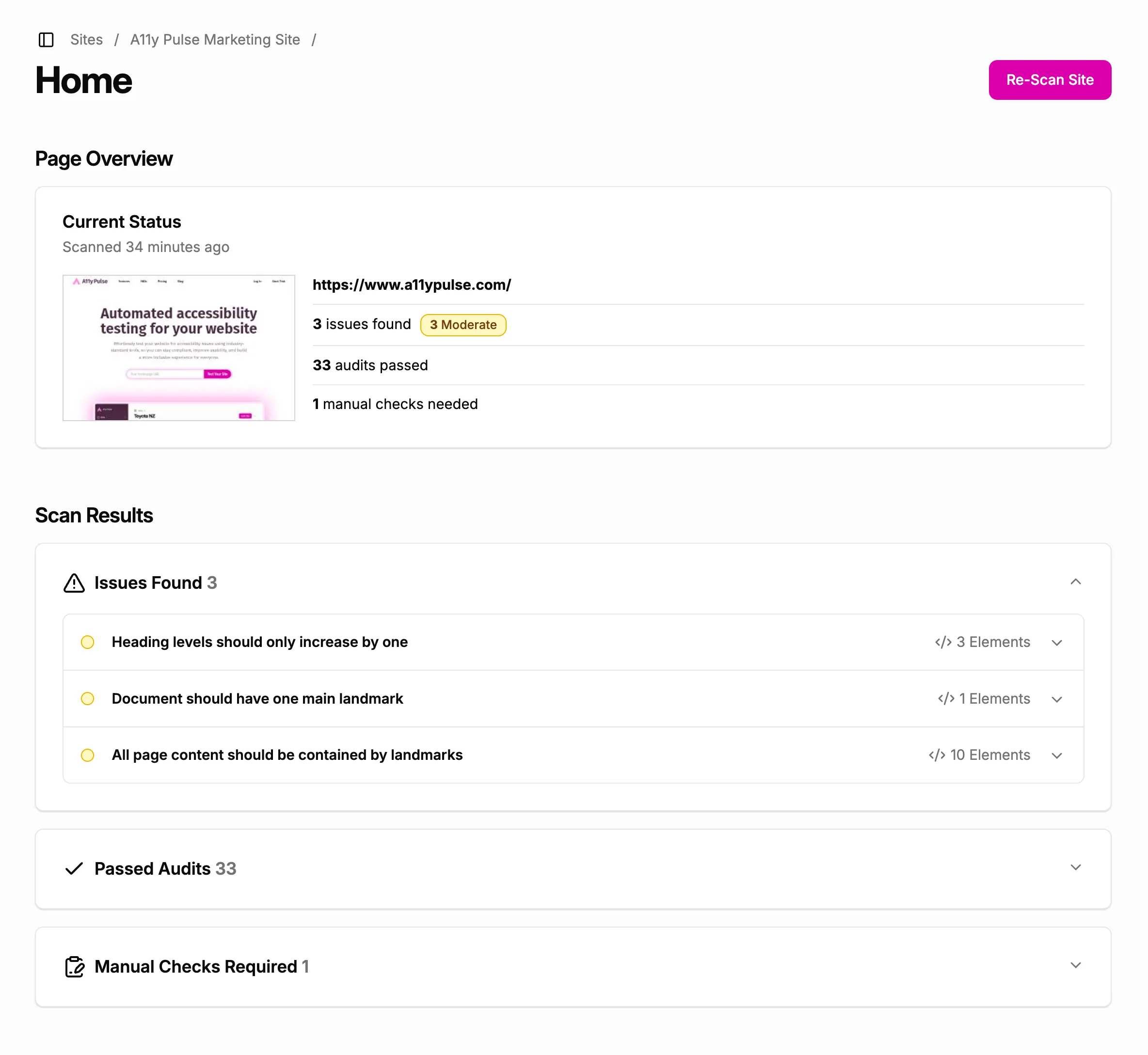 Scan results for the homepage of A11y Pulse Marketing site