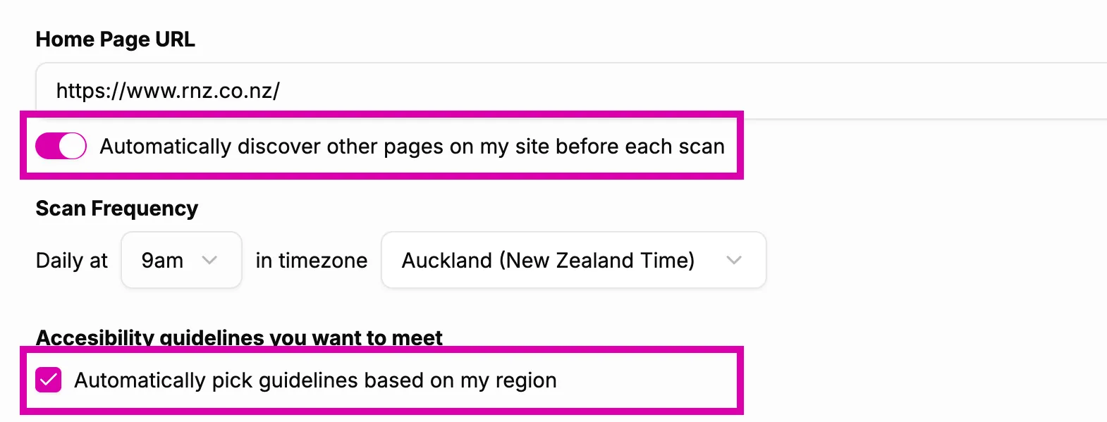 Screenshot of site settings with the automatic page discovery and automatic guidelines options enabled