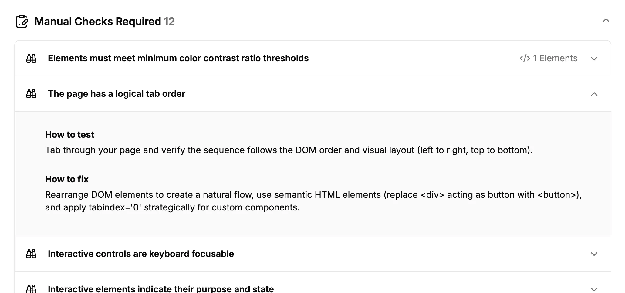 Screenshot of A11y Pulse's 'Manual Checks' audits