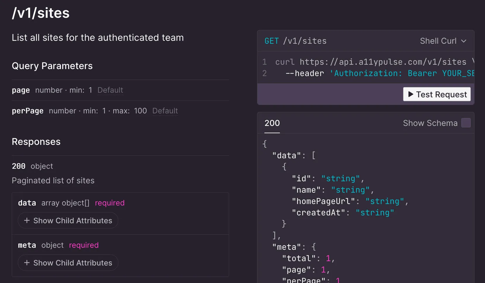 Screenshot of the A11y Pulse API documentation, showing the /v1/sites endpoint and its parameters.