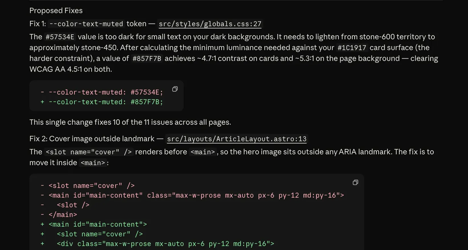 Screenshot of a Claude Code session showing Claude suggesting fixes using context from the A11y Pulse MCP server.