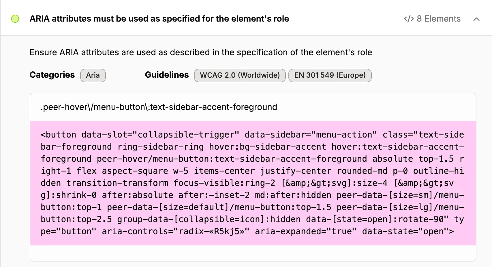 Screenshot of passed audit details in A11y Pulse