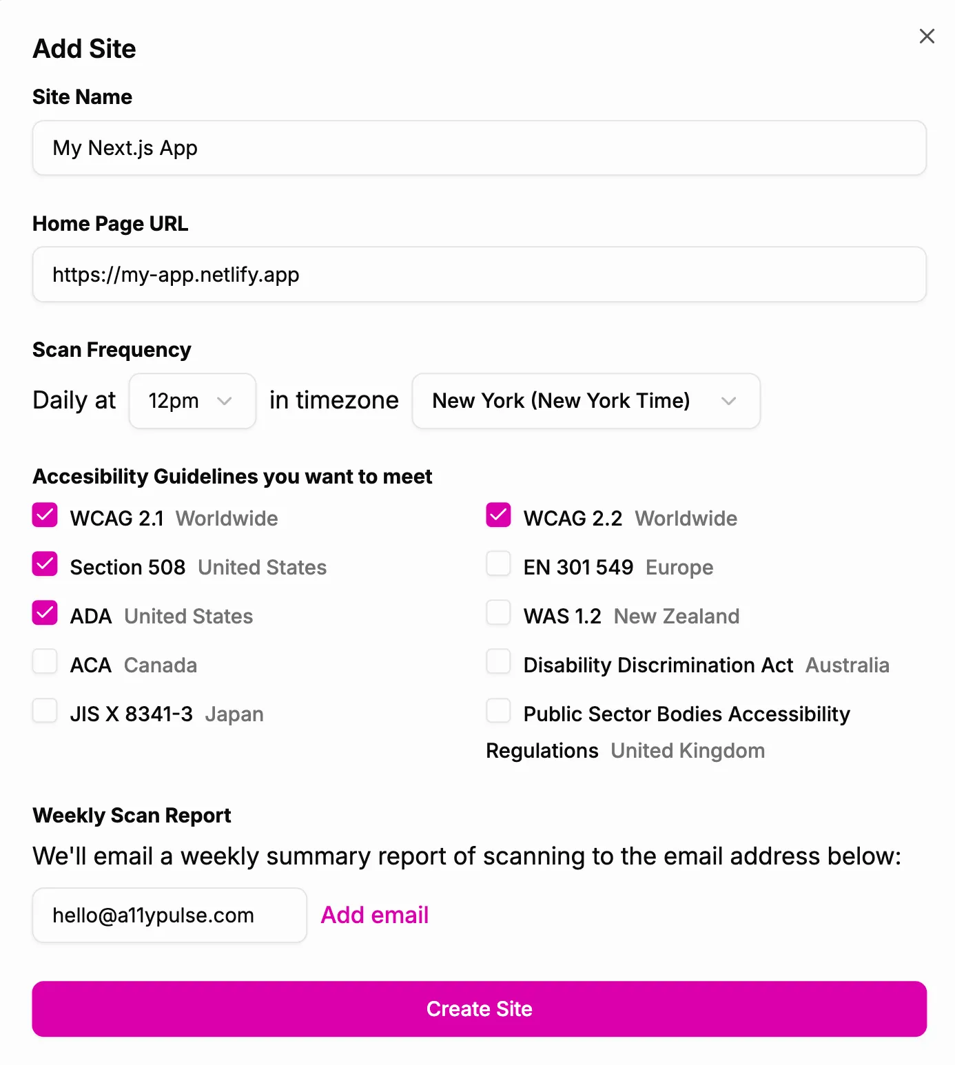 'Add Site' web form with example data filled out