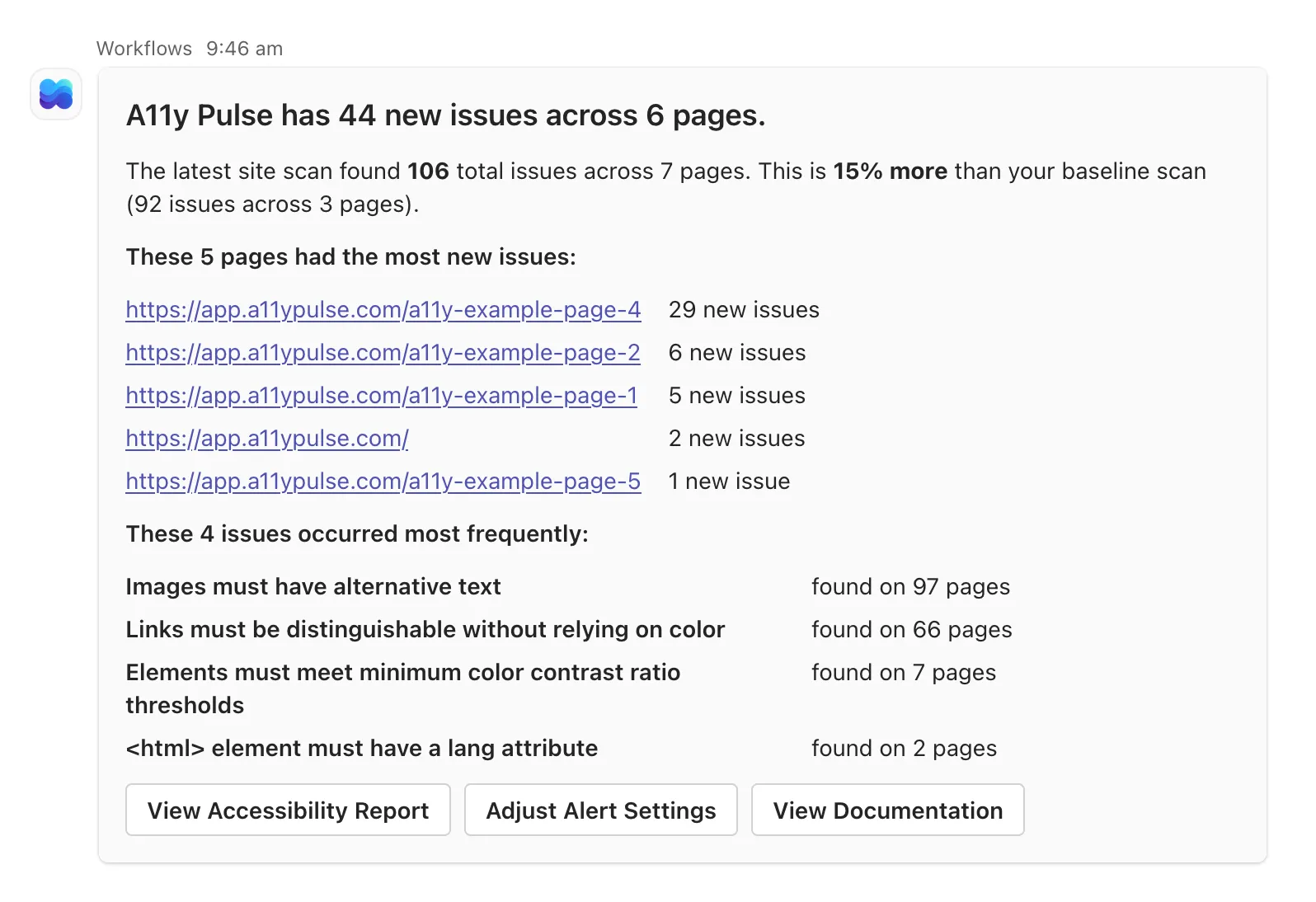 A11y Pulse accessibility alert appearing as an Adaptive Card in a Microsoft Teams channel, with a summary of new violations and links to the full report