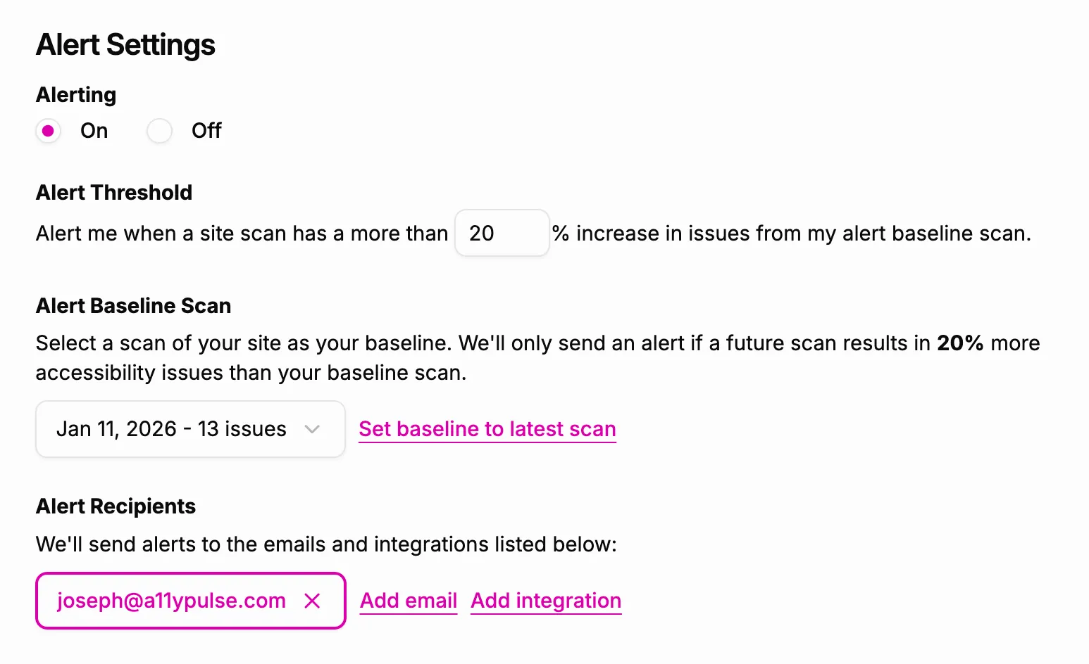 Screenshot showing alert settings for a site