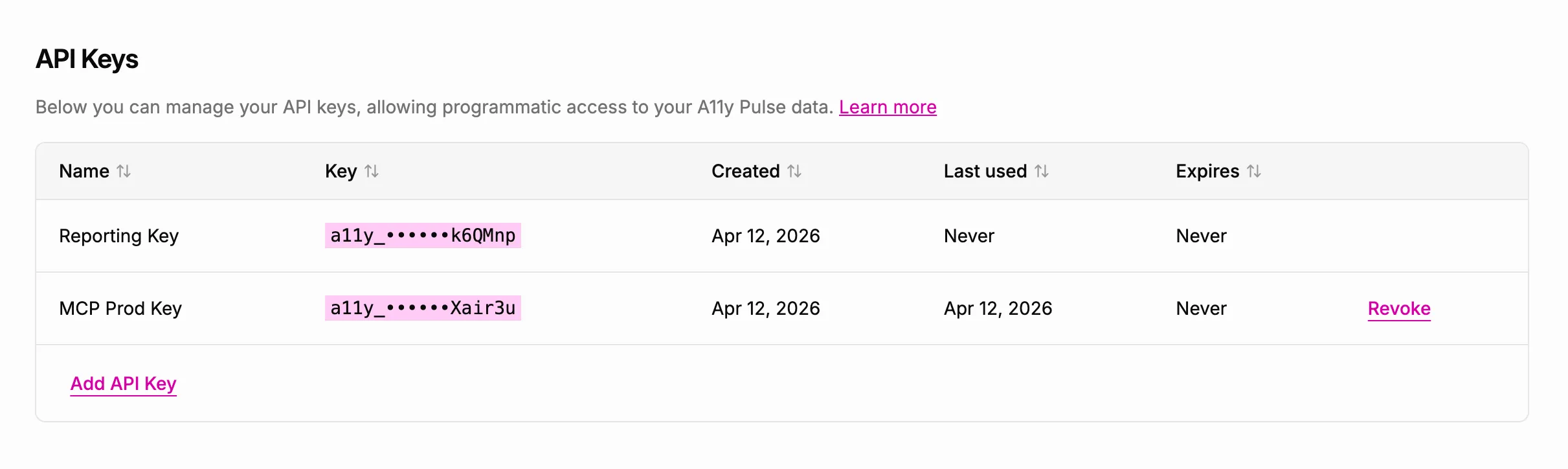 Settings page showing the API Keys section