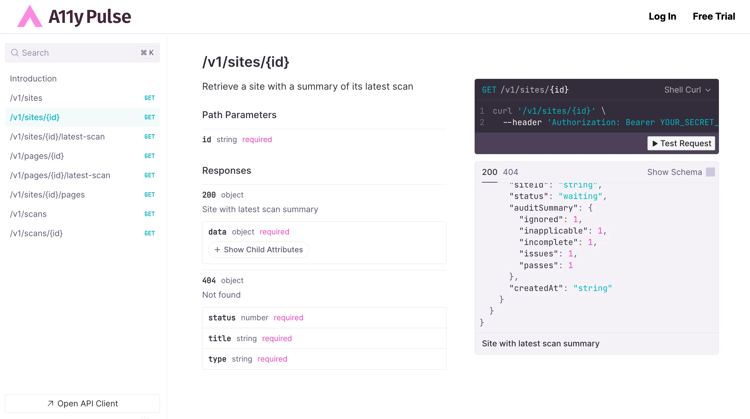 Screenshot of the interactive API reference at api.a11ypulse.com/docs