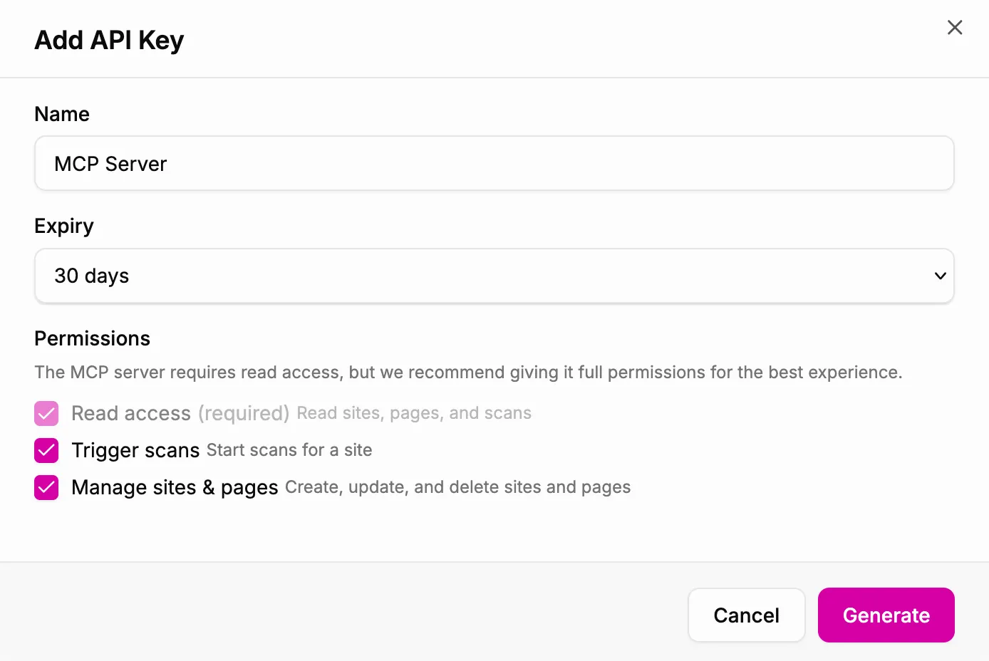 Screenshot of the 'Add API Key' form, showing the new permissions options: read access, trigger scans, and manage sites & pages