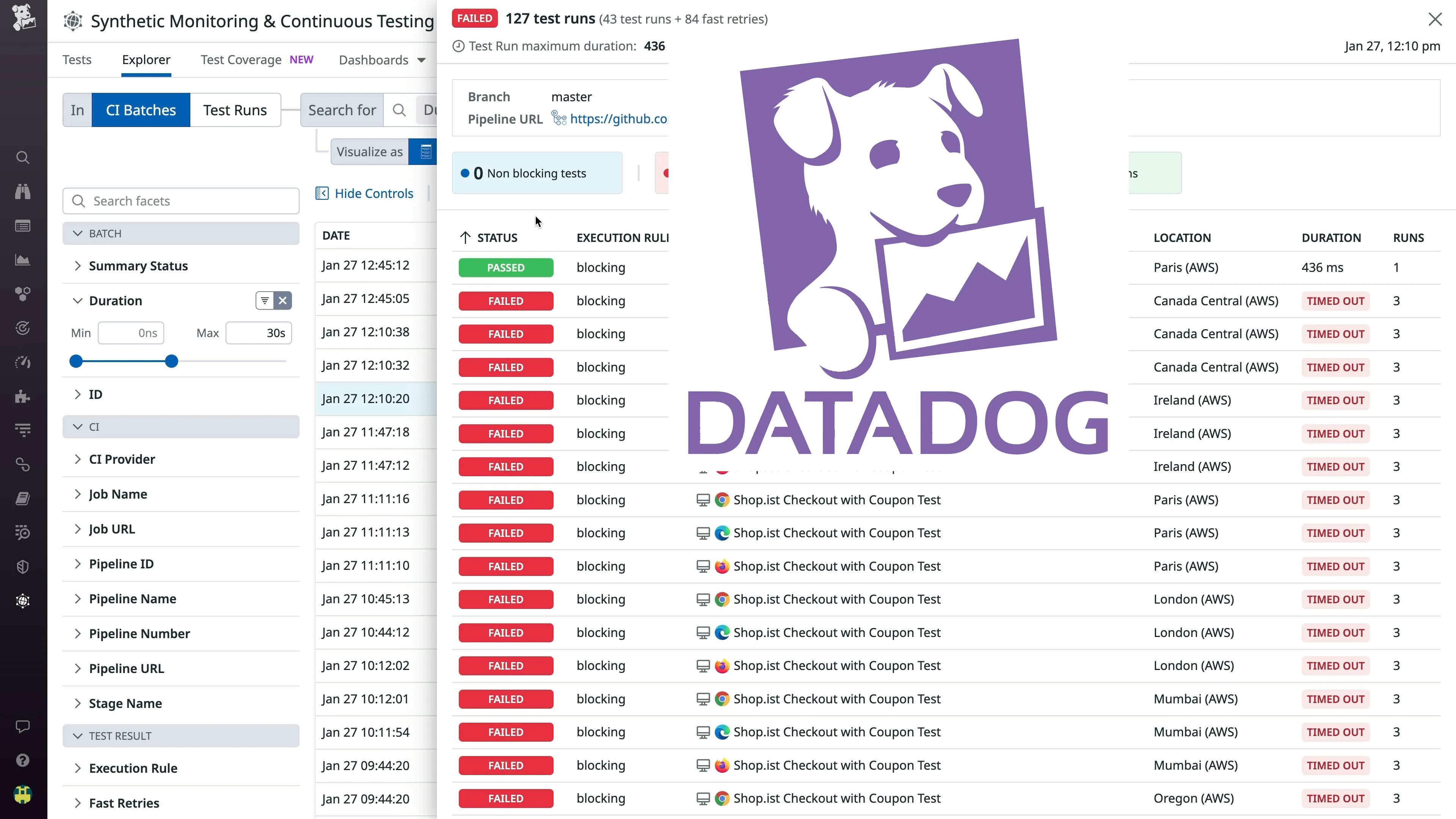Screenshot of Datadog's end-to-end testing product