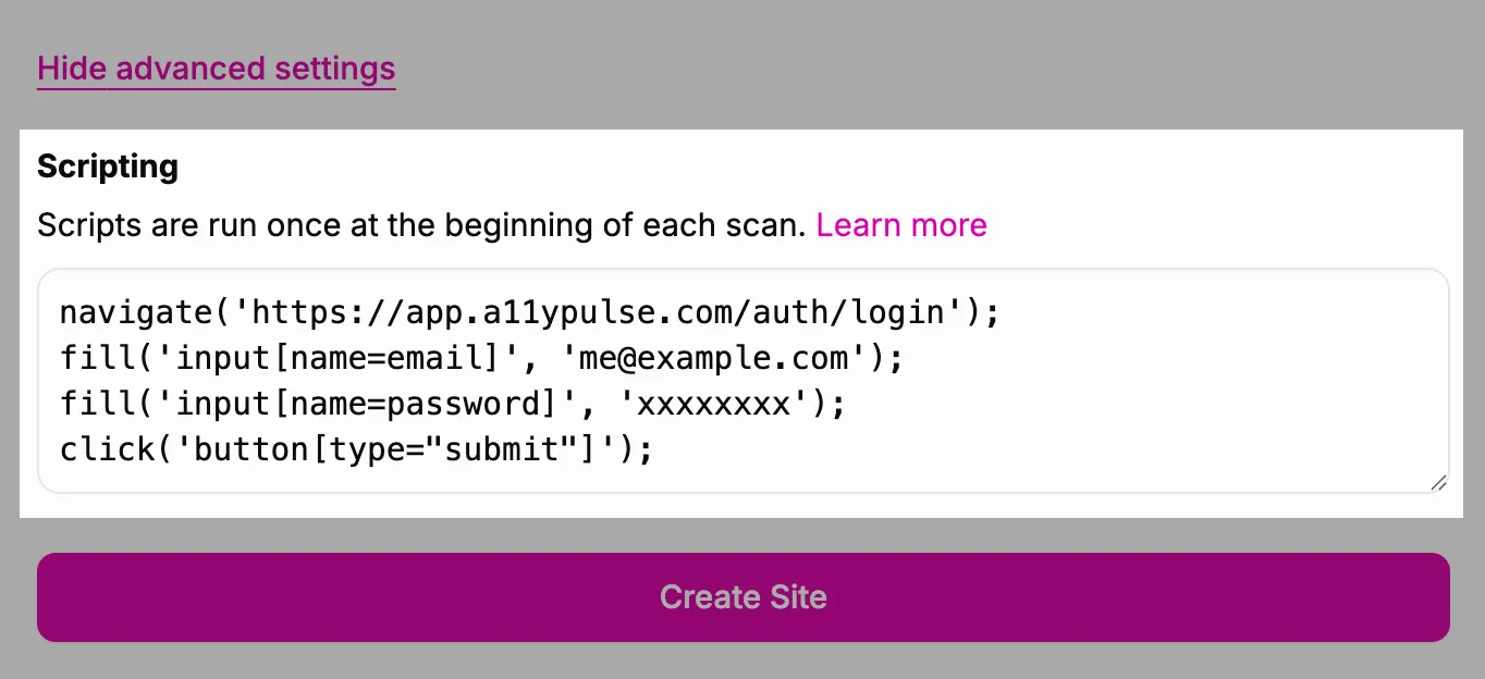 Screenshot showing the scripting form