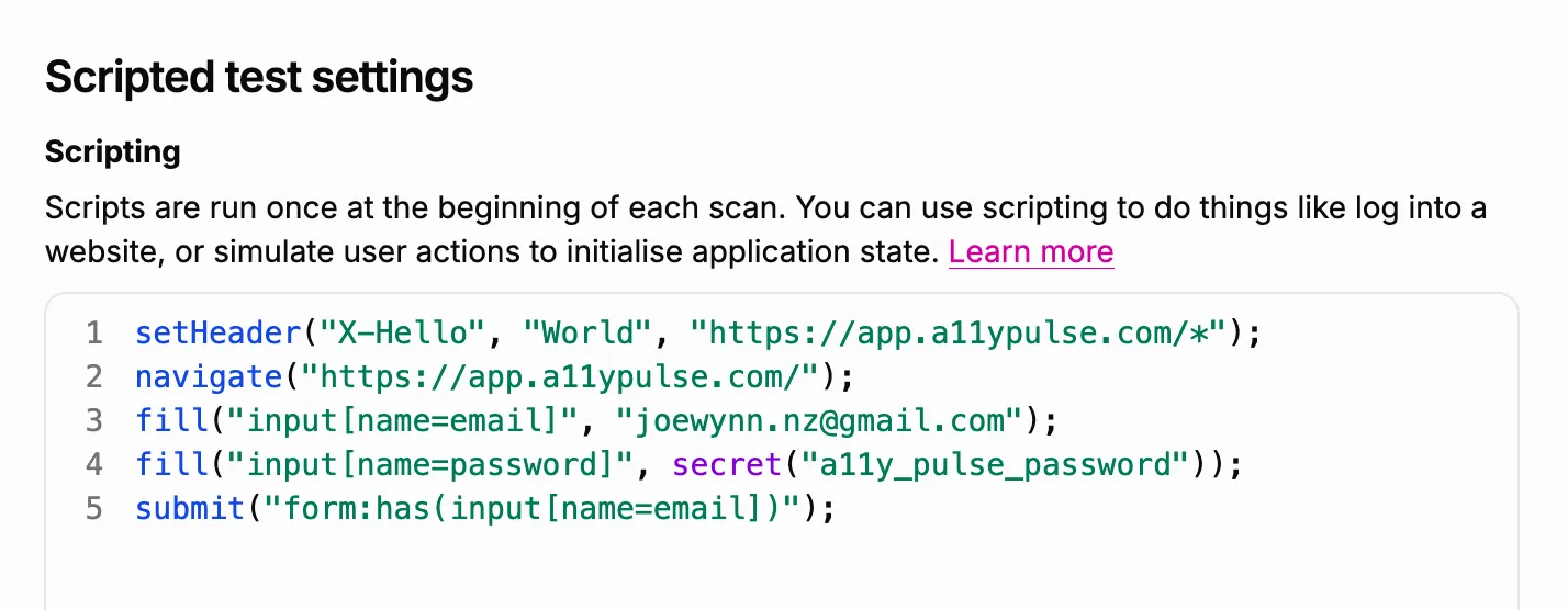 Screenshot showing the scripting form