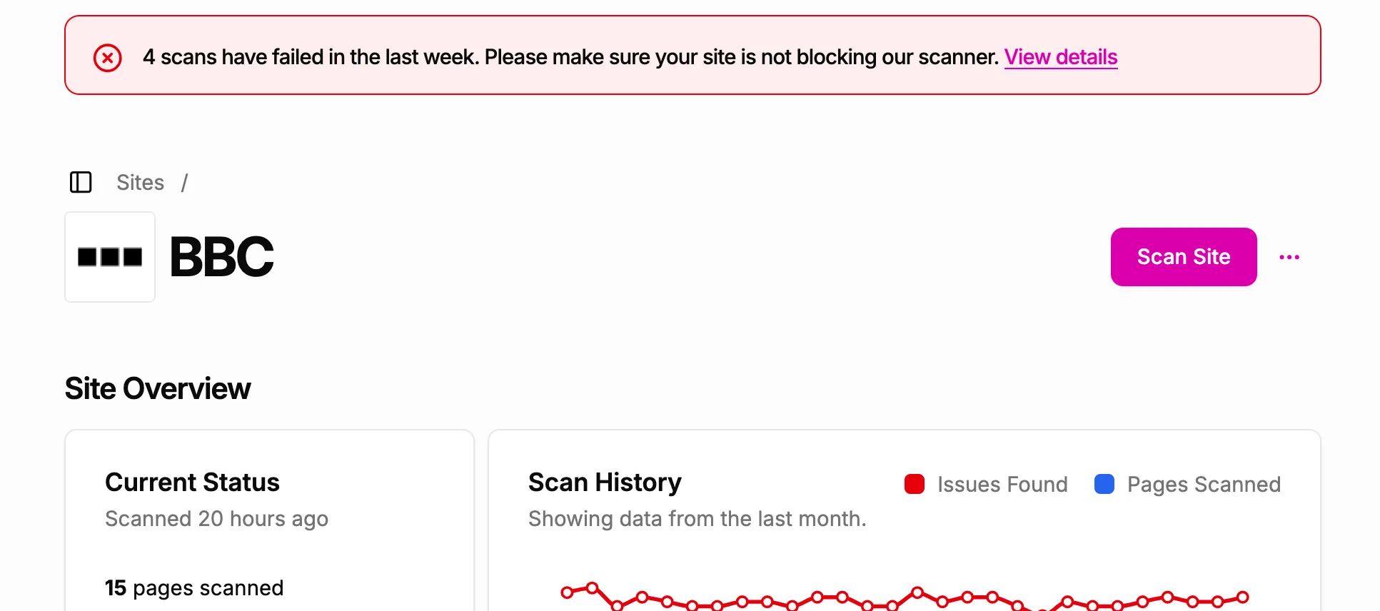 Screenshot showing the failed scans banner