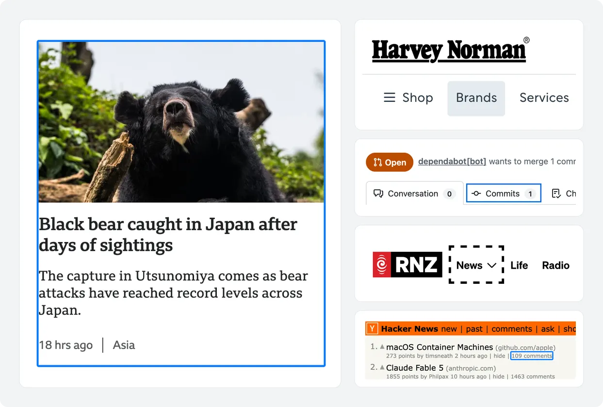 Focus indicators from real websites: a news card with a blue outline, a navigation button with a grey background highlight, browser tabs and a comments link with blue outlines, and a menu with a dashed outline