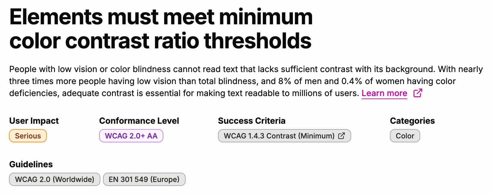 Screenshot showing detailed information about a specific accessibility issue