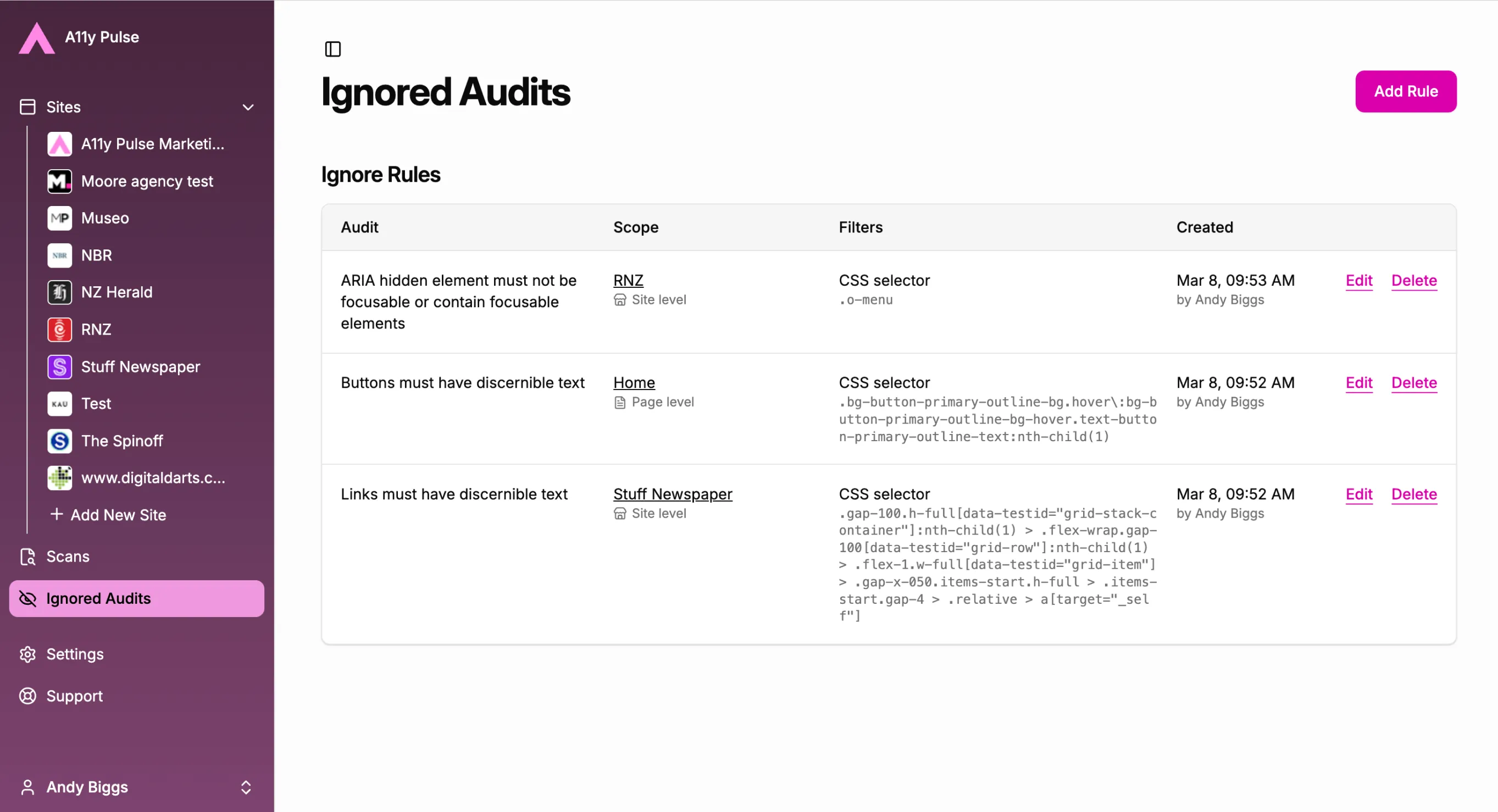 Screenshot of the ignored issues dashboard showing a list of all ignored accessibility issues