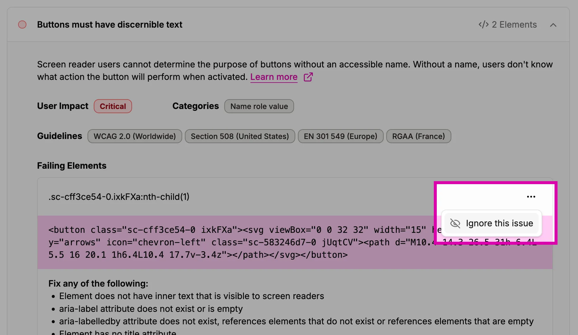 Screenshot showing the location of the 'Ignore this issue' button