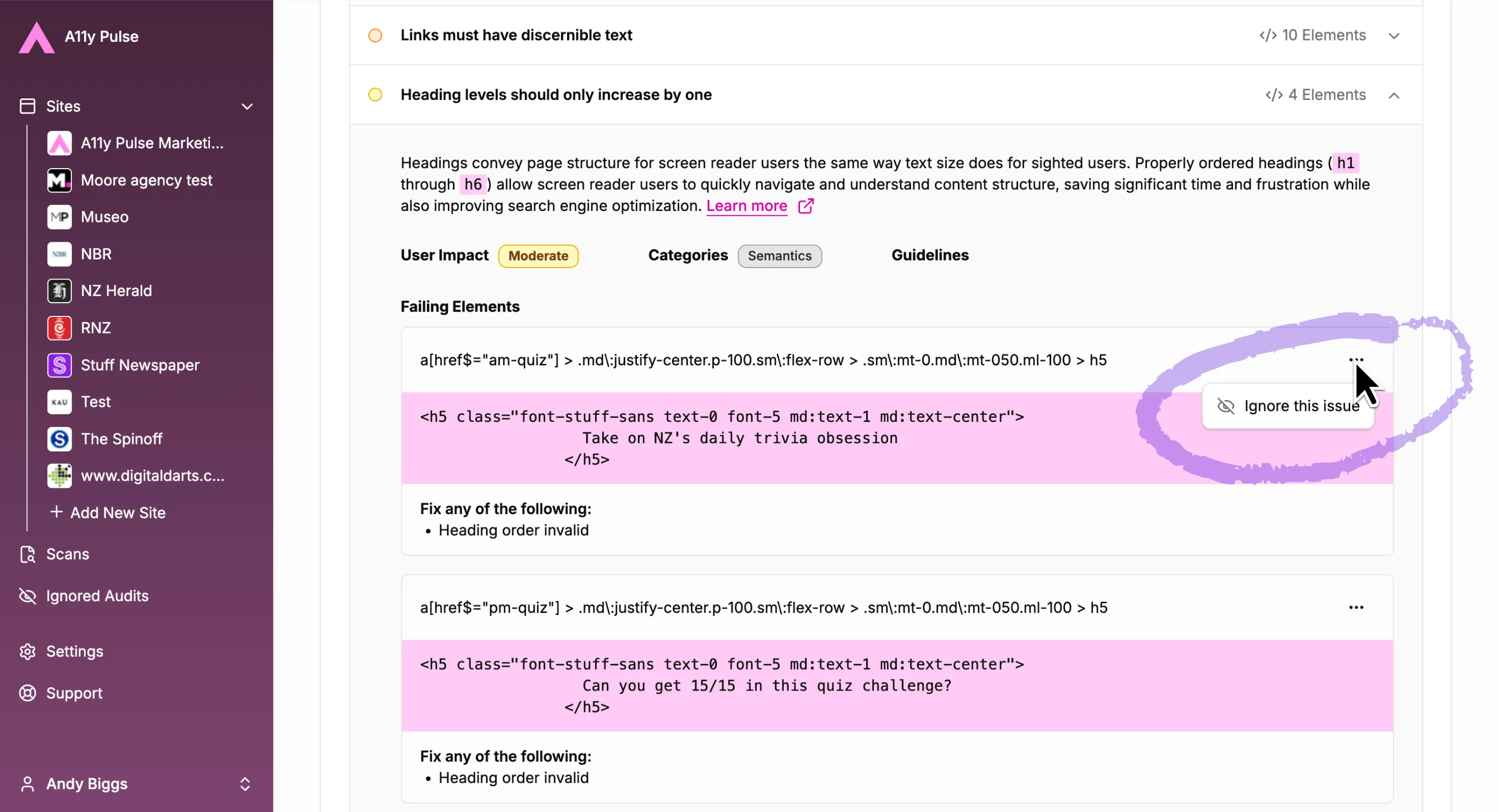 Screenshot showing the ignore issue menu option on a failed audit element