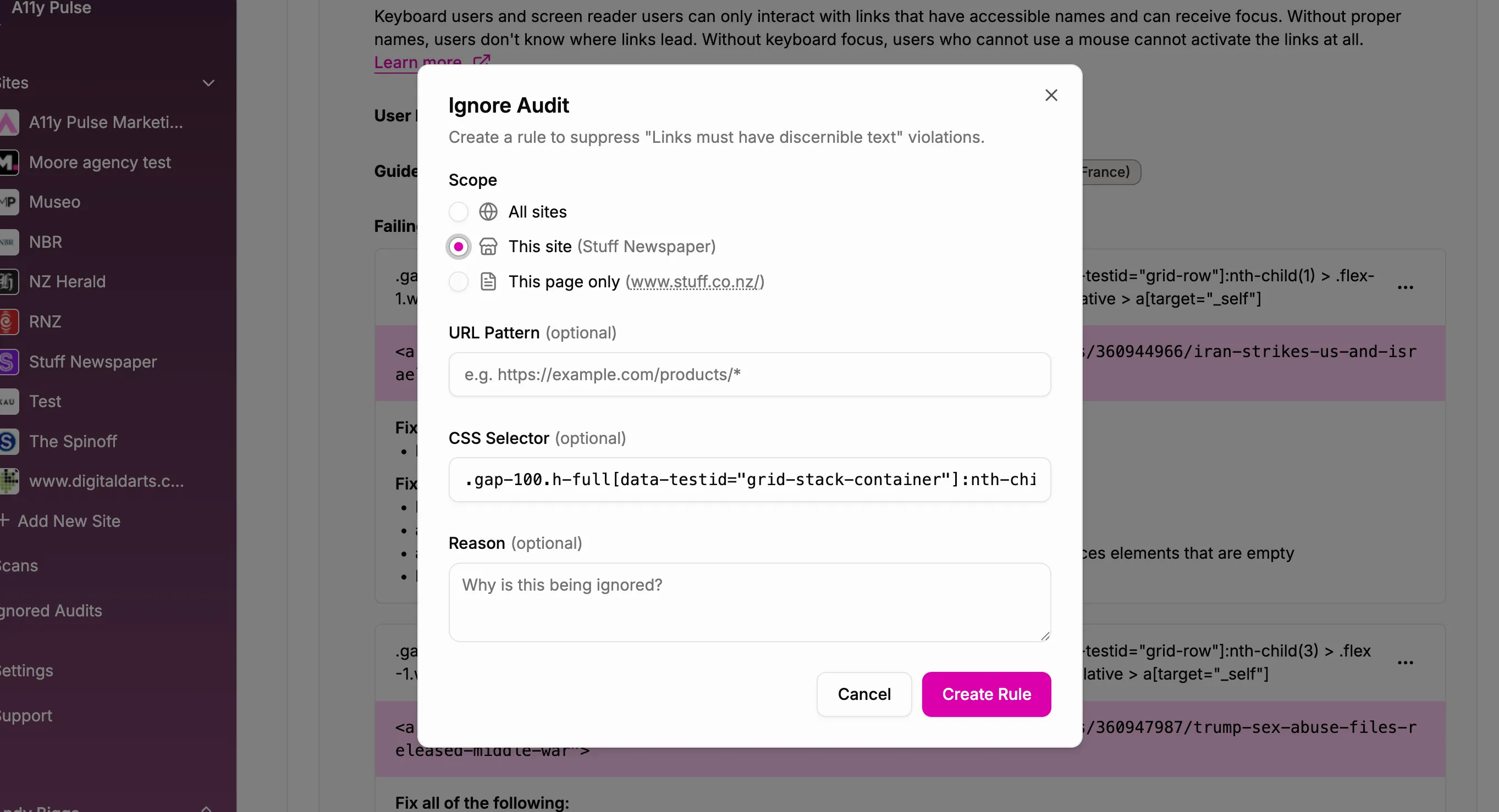 Screenshot of the ignore issue modal with page-level and site-level options