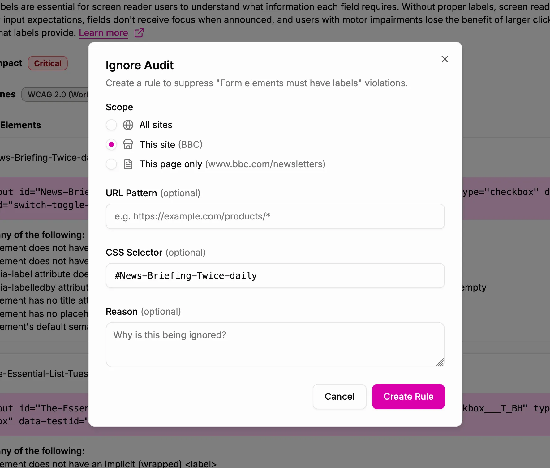 Screenshot showing the Ignore Audit dialog