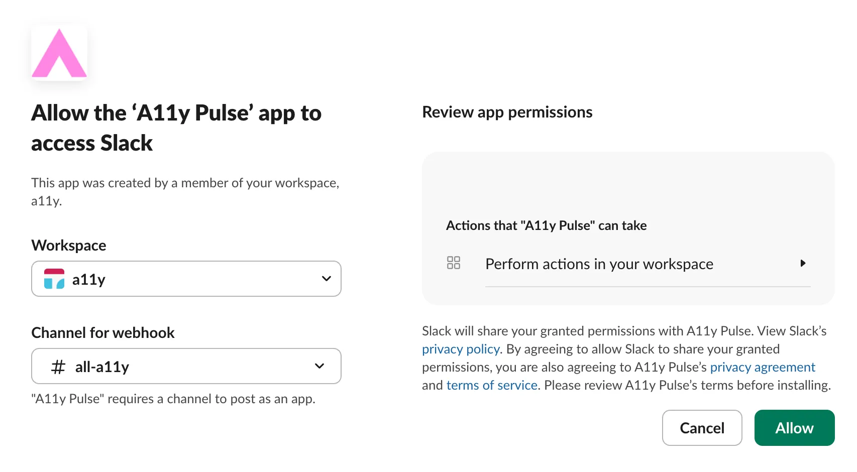 Screenshot showing the Slack integration setup flow