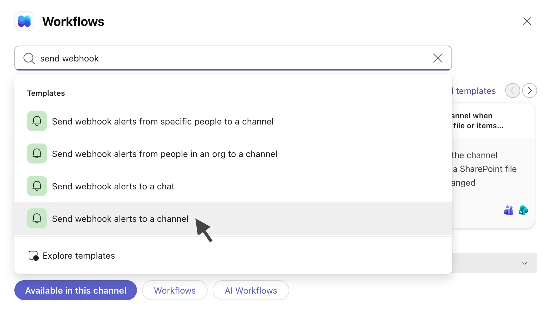 Step-by-step screenshots of creating a Workflow webhook inside Microsoft Teams