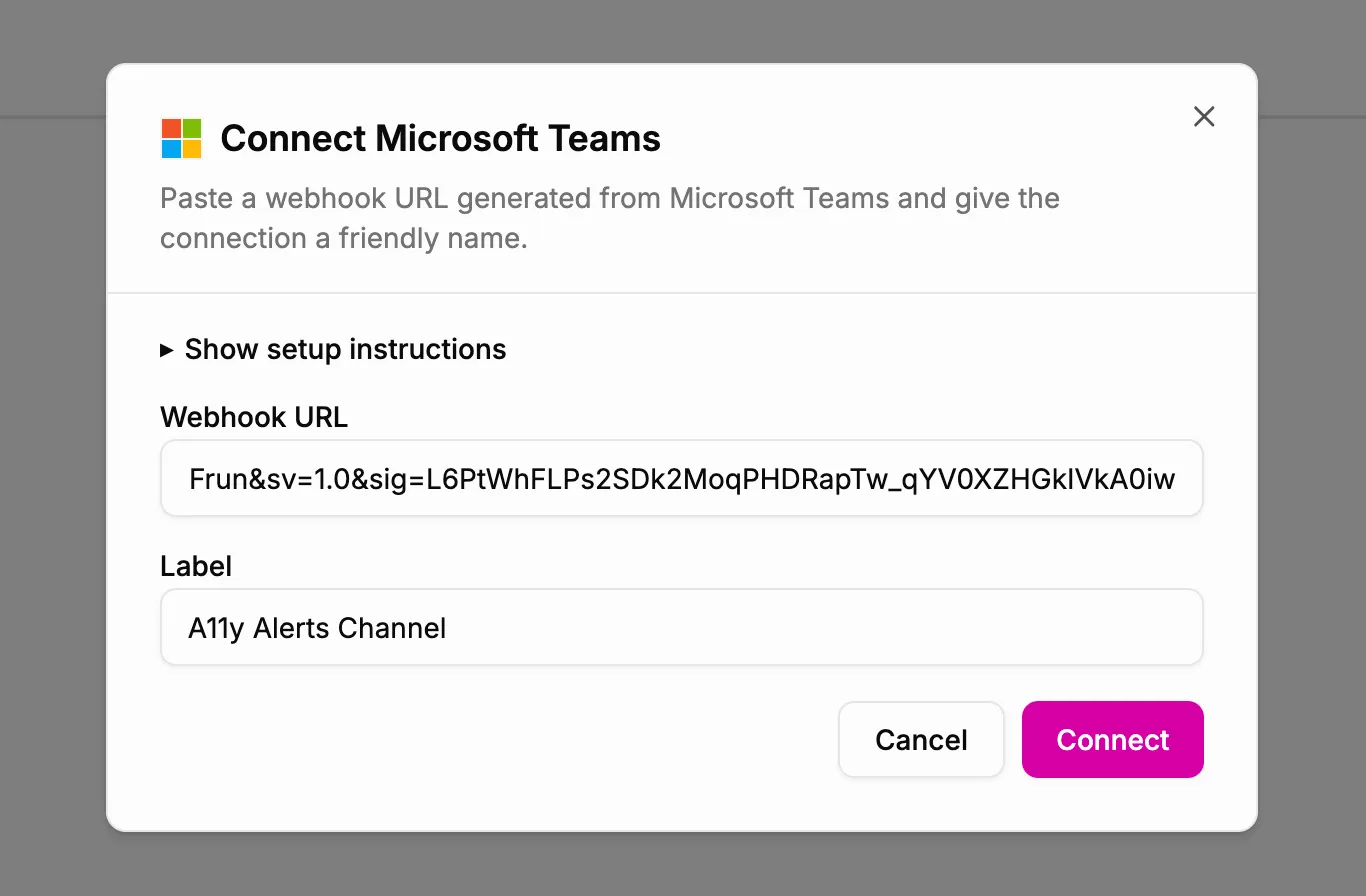 Screenshot of the Microsoft Teams connect form in A11y Pulse
