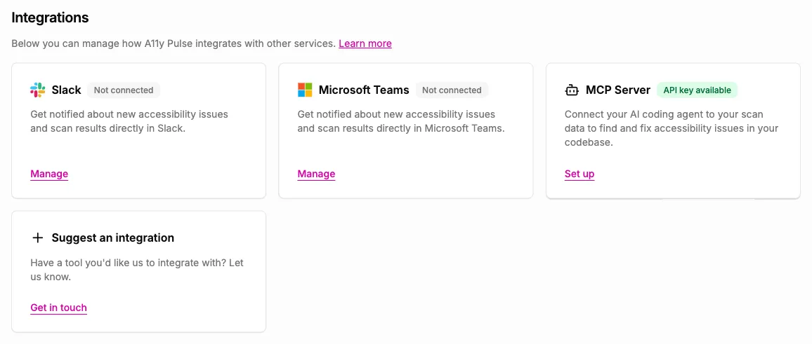 Screenshot showing the Integrations section on the Settings page