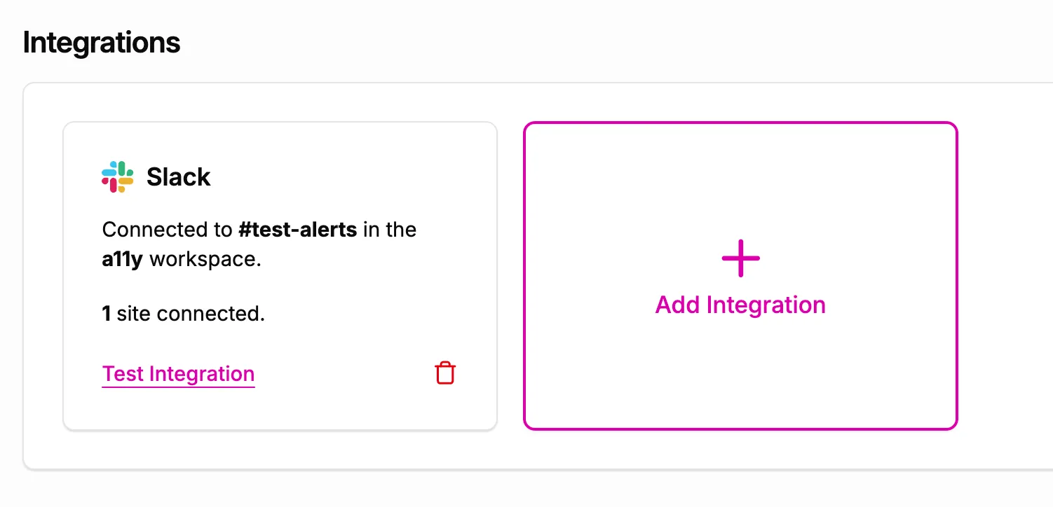 Screenshot showing the Integrations section on the Settings page