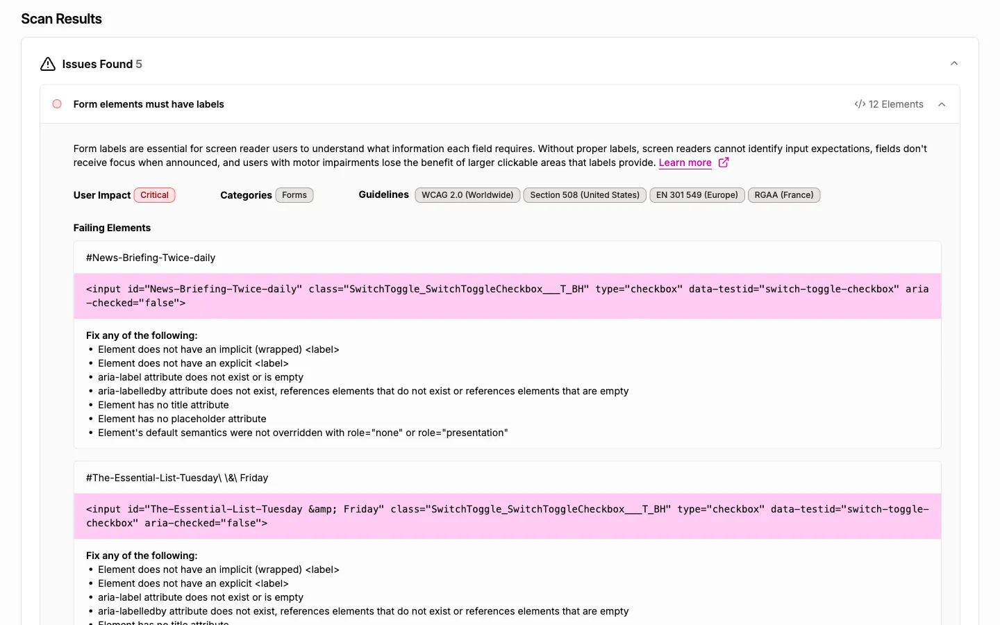 The A11y Pulse page details view showing a critical 'Form elements must have labels' issue, the failing input element with its full HTML markup, and the WCAG remediation guidance a developer can act on directly in source.