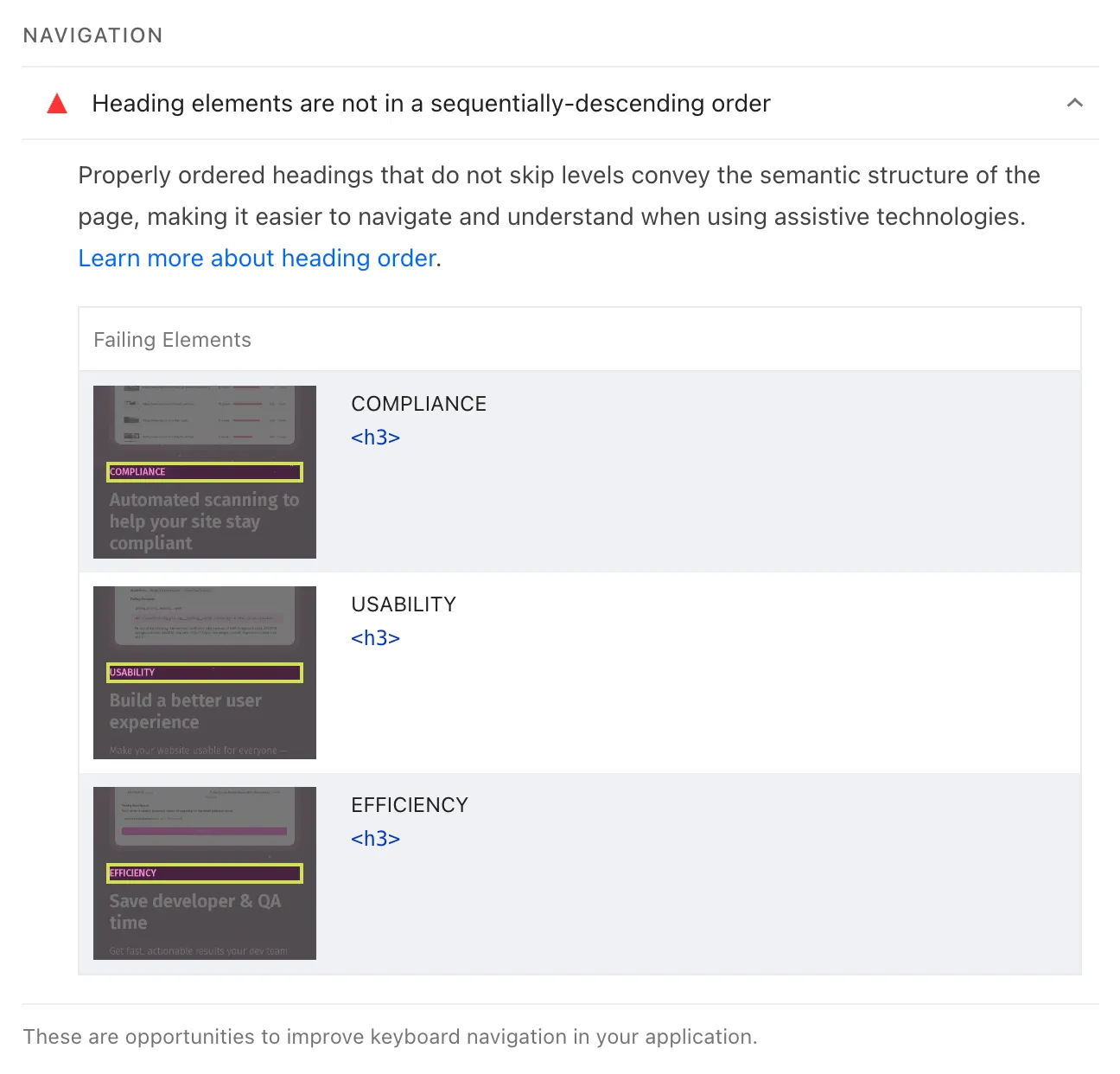 Screenshot of failed audit details