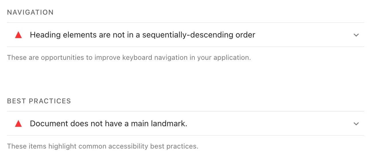 Screenshot of failed audits in Lighthouse Accessibility report