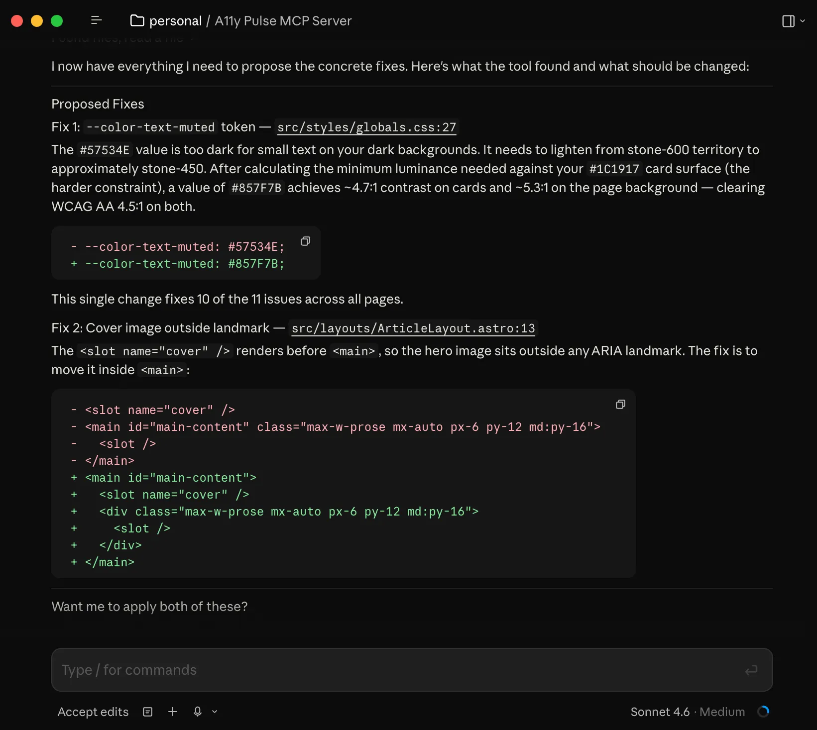 Claude Code desktop showing the A11y Pulse MCP server proposing concrete accessibility fixes with a code diff, asking 'Want me to apply both of these?'