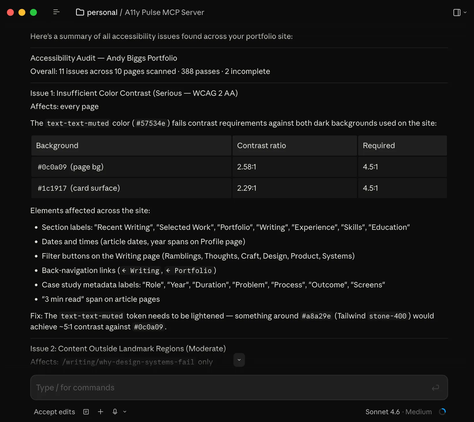 Claude Code desktop showing the A11y Pulse MCP server presenting a full site accessibility audit — 11 issues across 10 pages, listed by impact level with detailed fix guidance