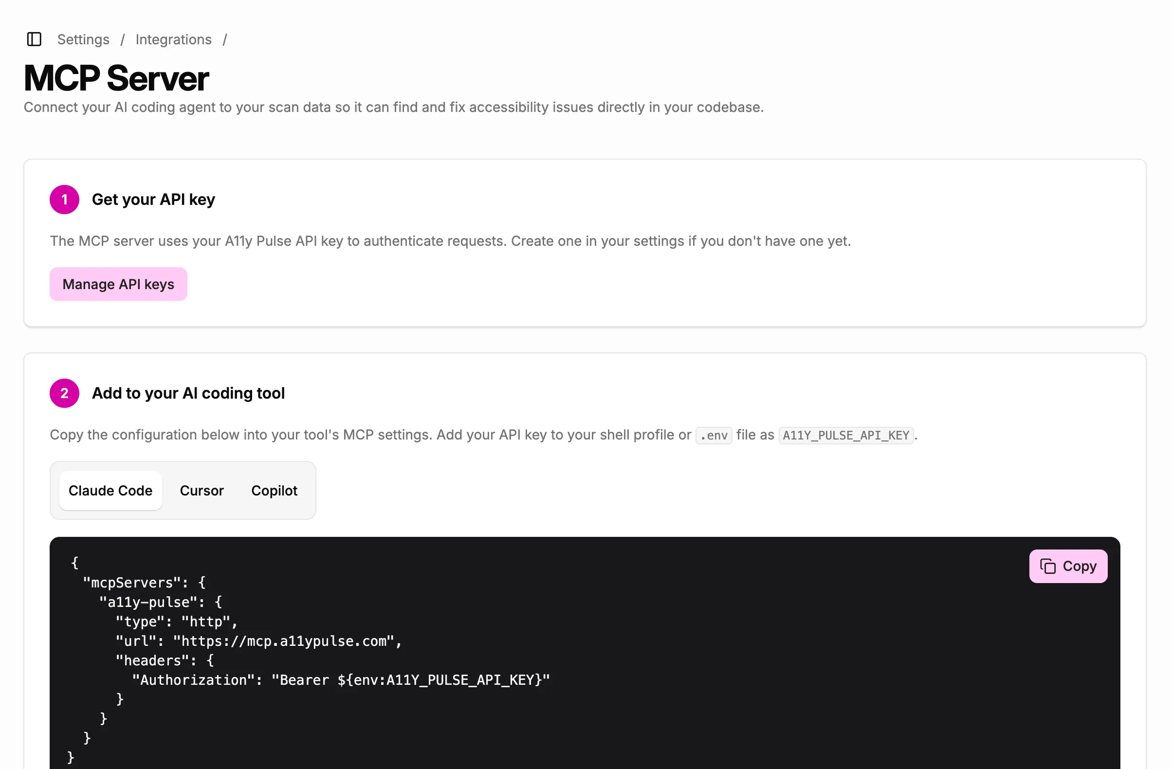 MCP Server setup page showing the two-step card layout with Get your API key and Add to your AI coding tool steps