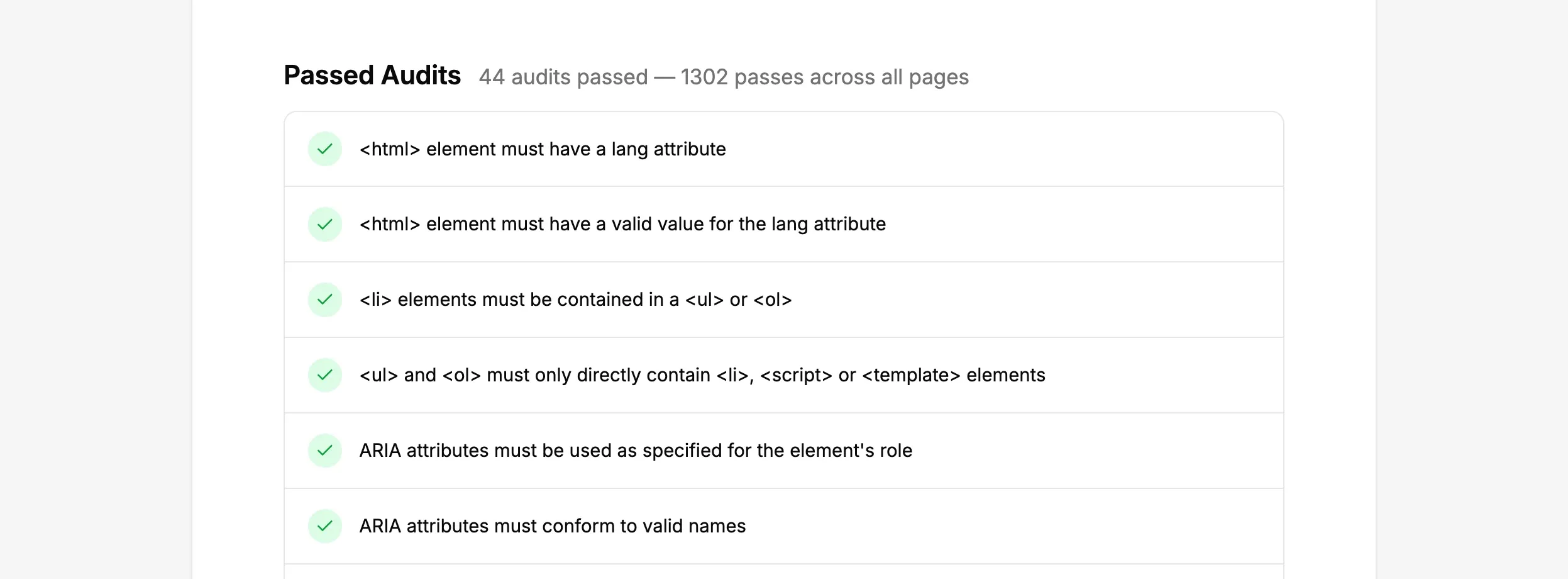Passed Audits section showing a list of accessibility audits that passed with green checkmarks