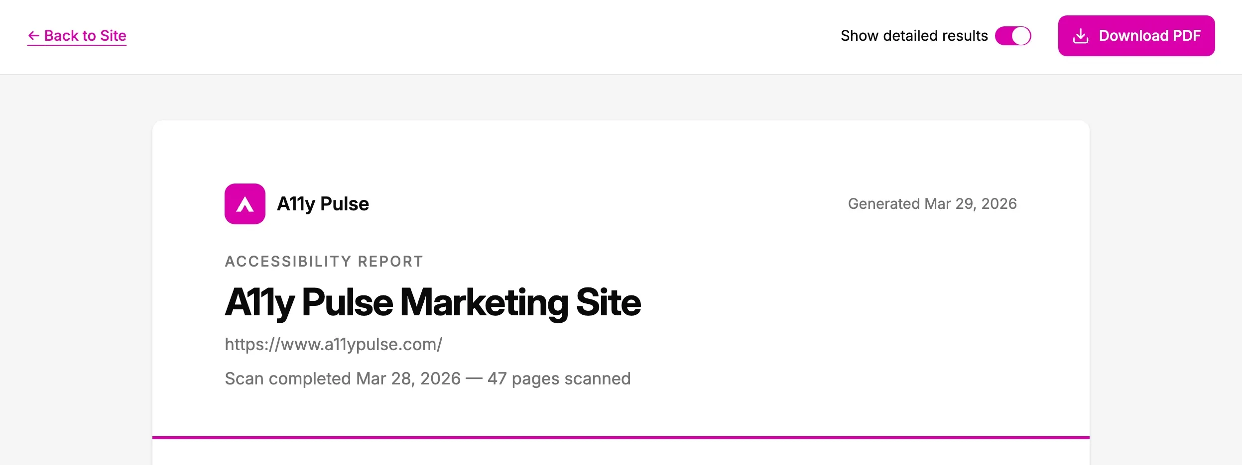 Report preview page showing the sticky header with Back to Site link, Show detailed results toggle, and Download PDF button