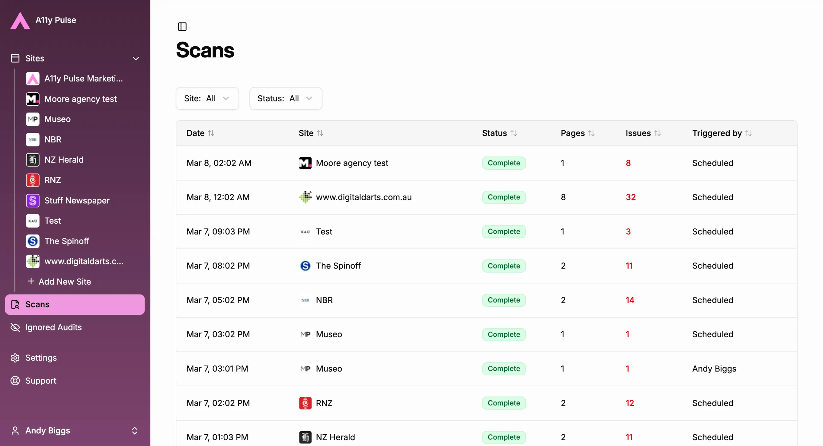 Screenshot of the A11y Pulse scan dashboard showing a table of scan history with columns for date, site name, status, pages scanned, and issues found