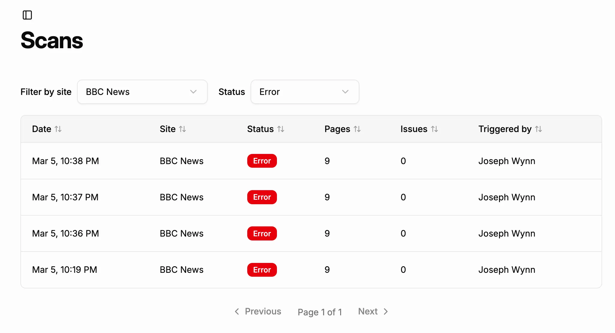 Screenshot showing the list of scans with errors