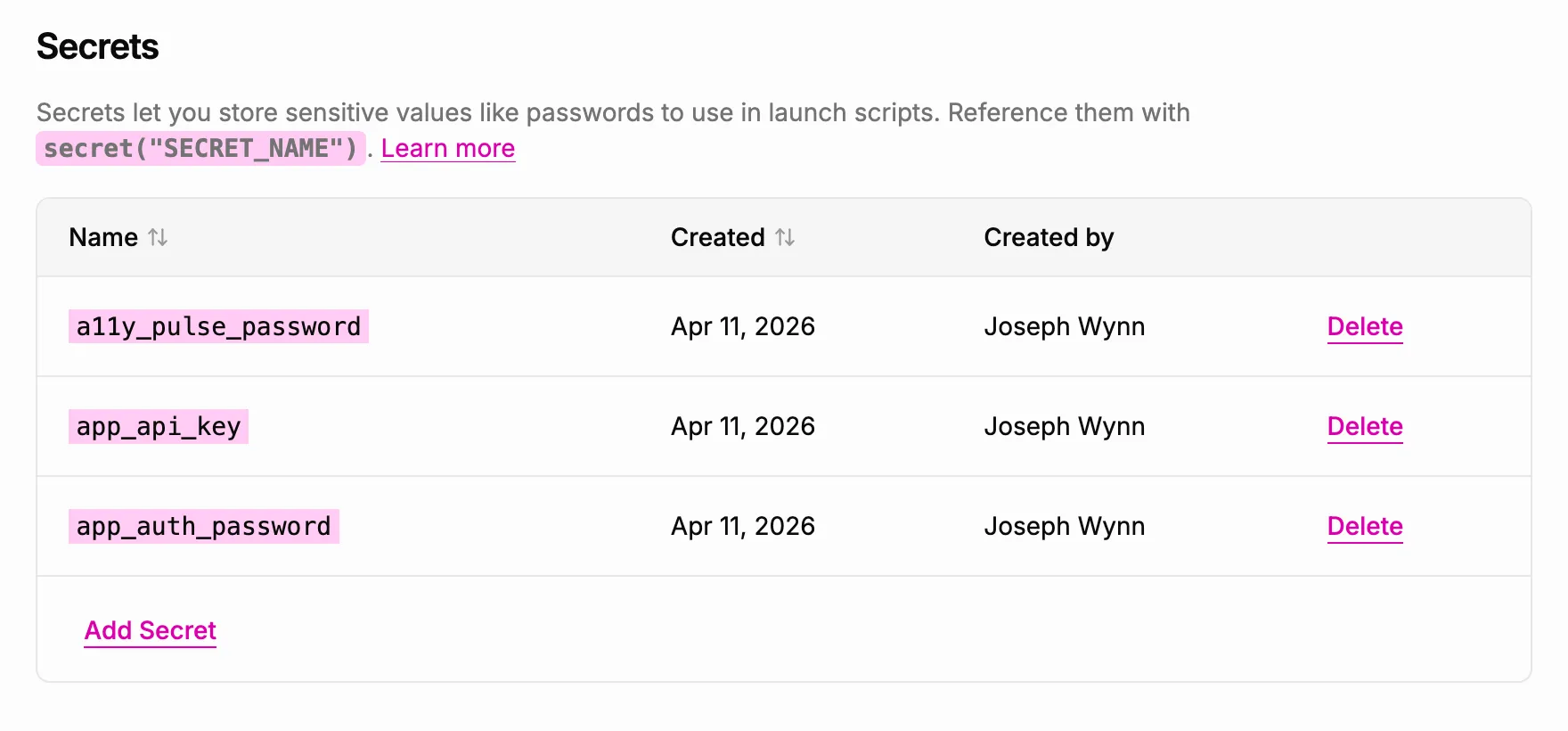 Screenshot of the Secrets table in A11y Pulse