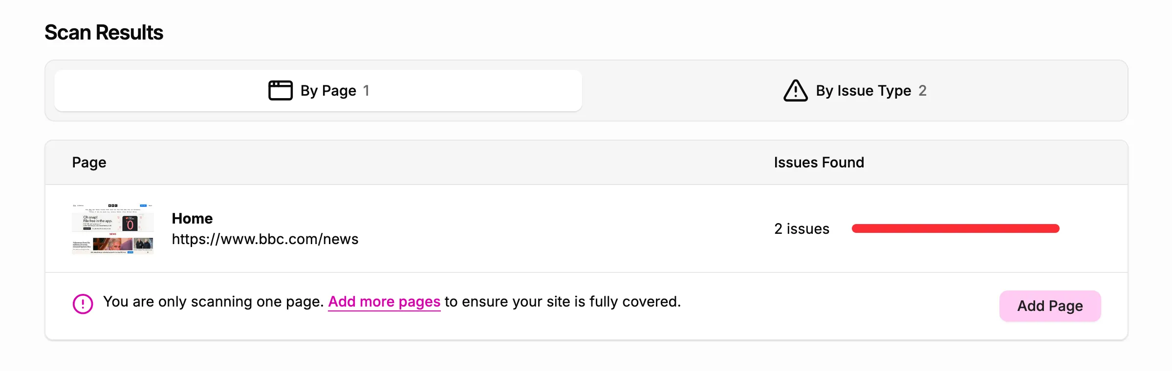 Screenshot showing a site with only one page