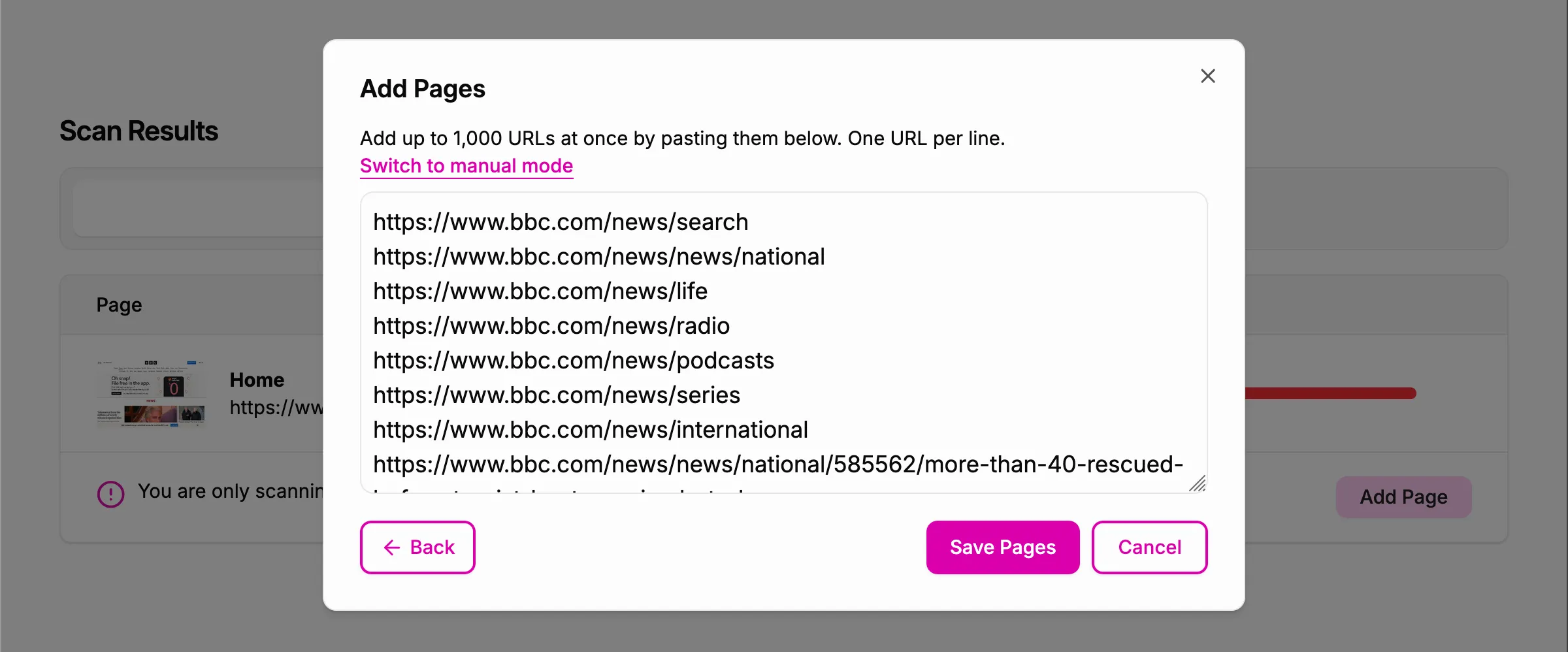 Screenshot showing the 'Add Pages' dialog after crawling