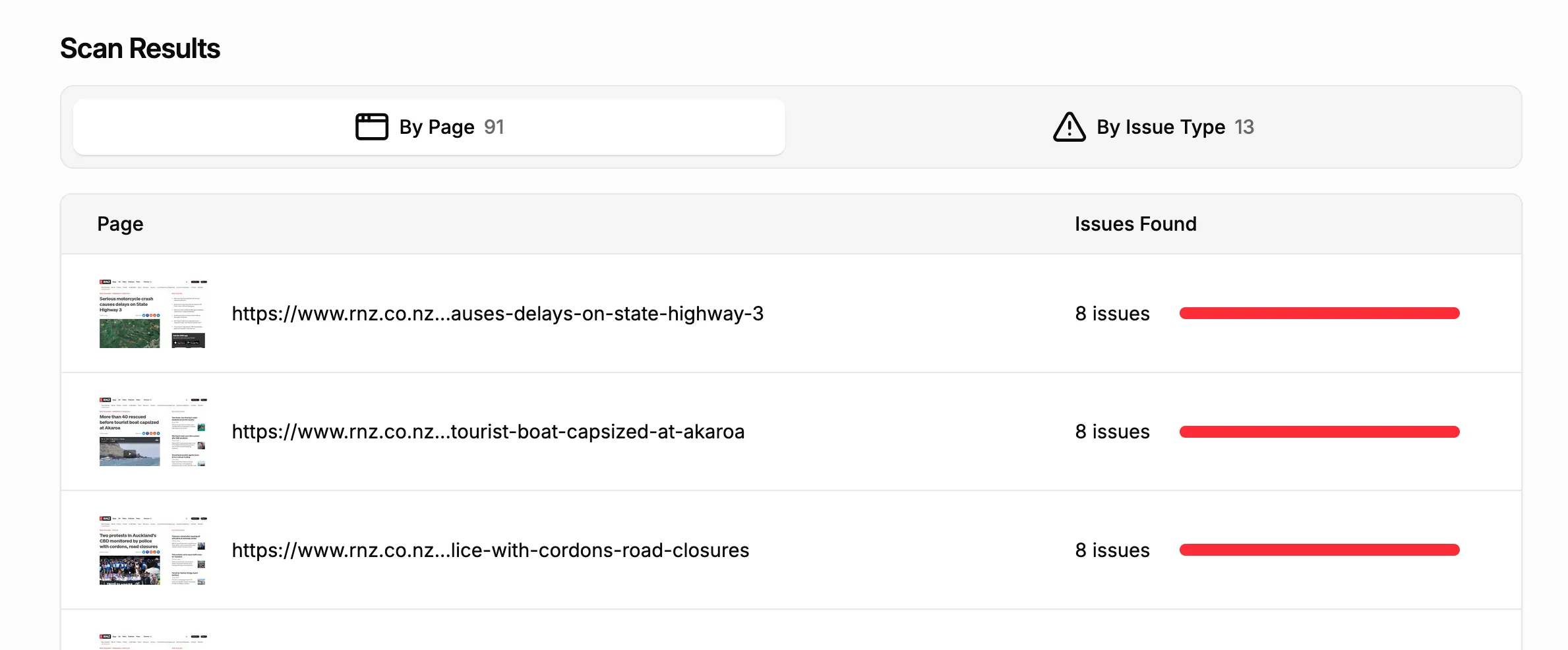Screenshot showing the scan results section of a site details page