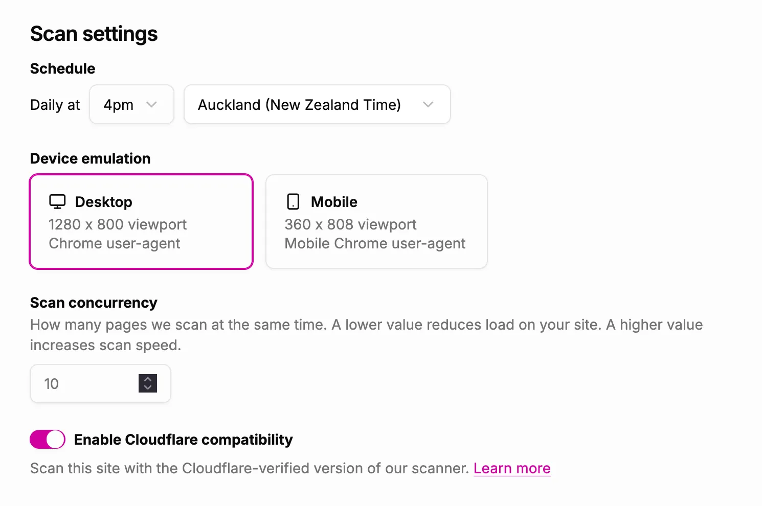 Screenshot of the Scan settings section, with the 'Enable Cloudflare compatibility' switch turned on at the bottom