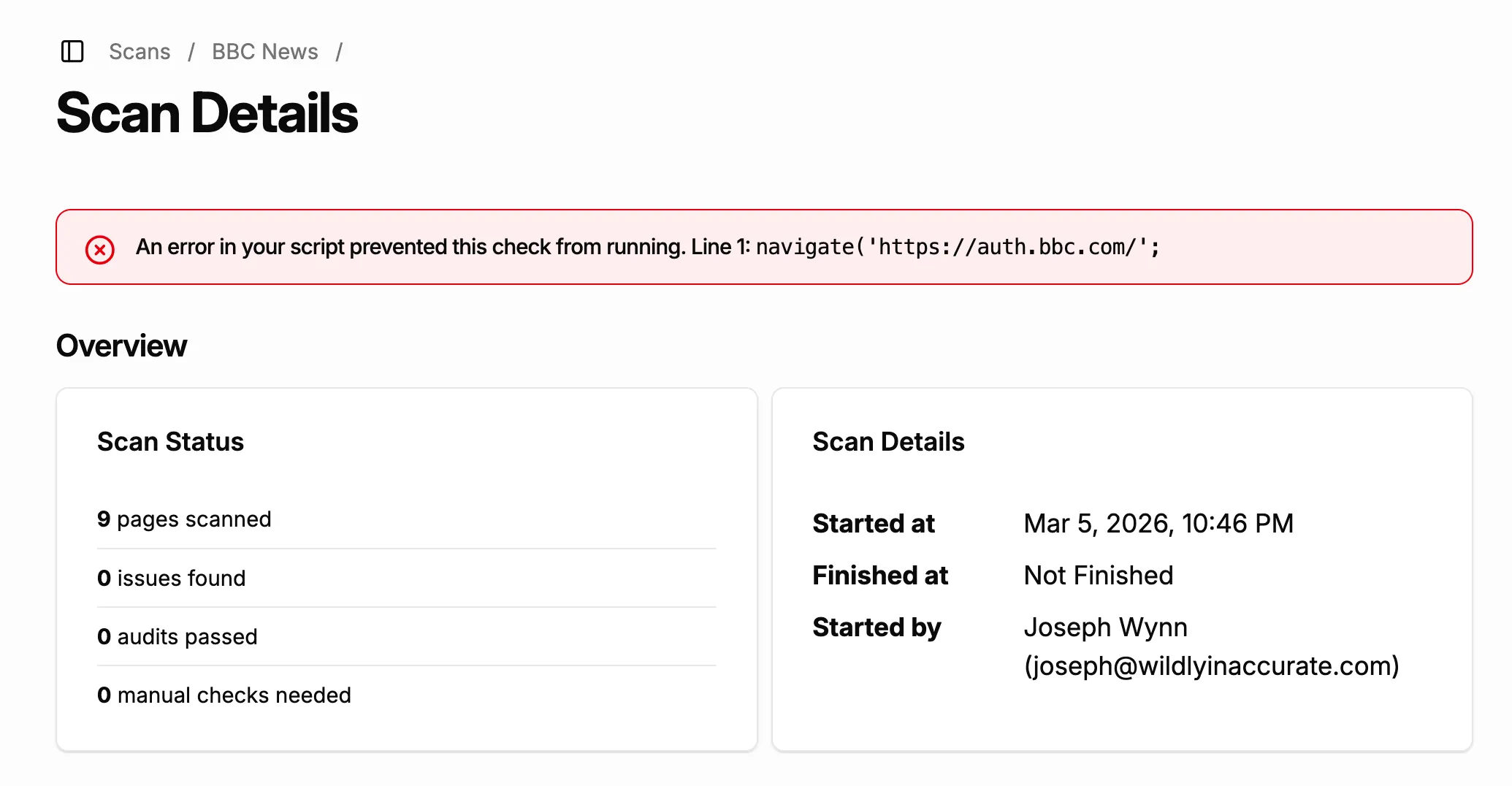 Screenshot showing the error details for a failed scan