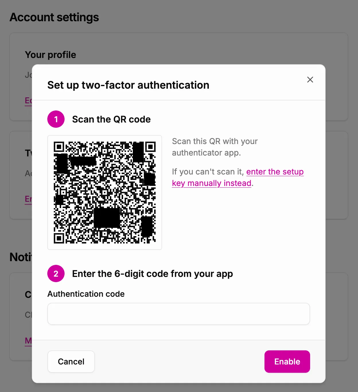 The 'Set up two-factor authentication' dialog on the Profile page, showing a QR code to scan with an authenticator app, a link to enter the setup key manually instead, and a field for the six-digit authentication code