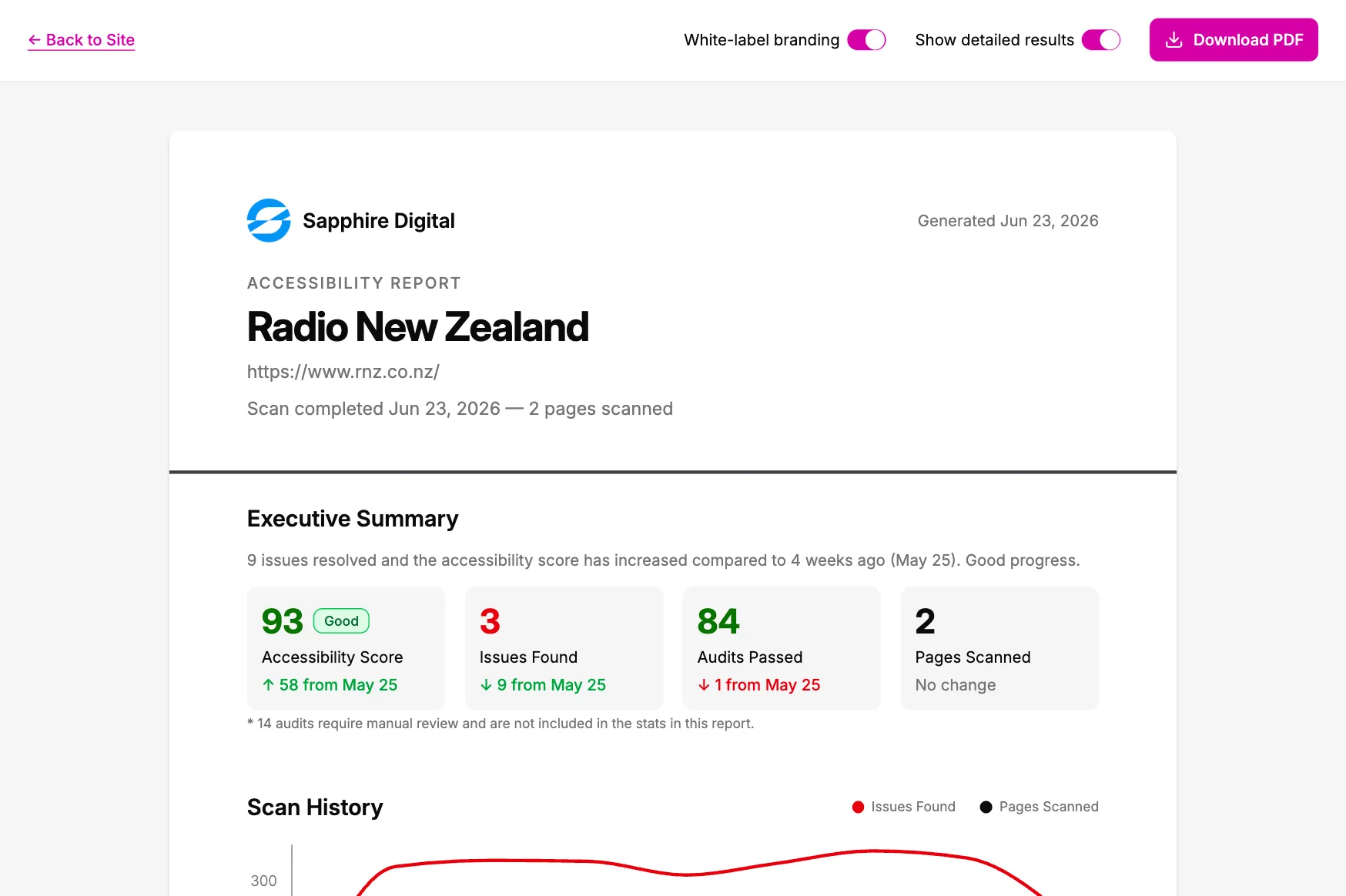 A white-labeled accessibility report cover with an agency's own logo and branding in place of A11y Pulse's