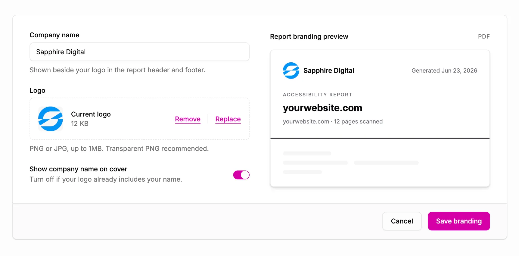 Report branding settings, where the user can upload their company's logo and set company name