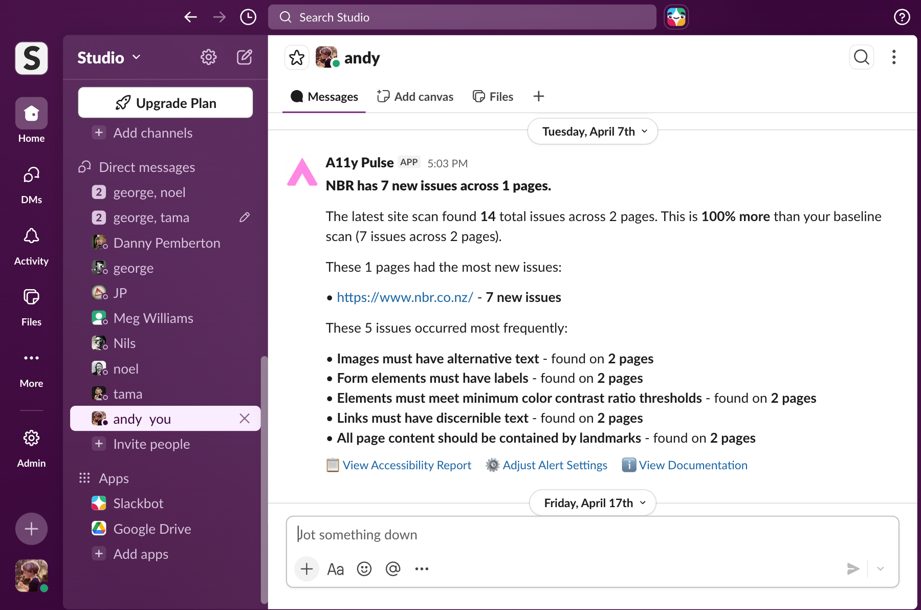 A11y Pulse accessibility alert in Slack